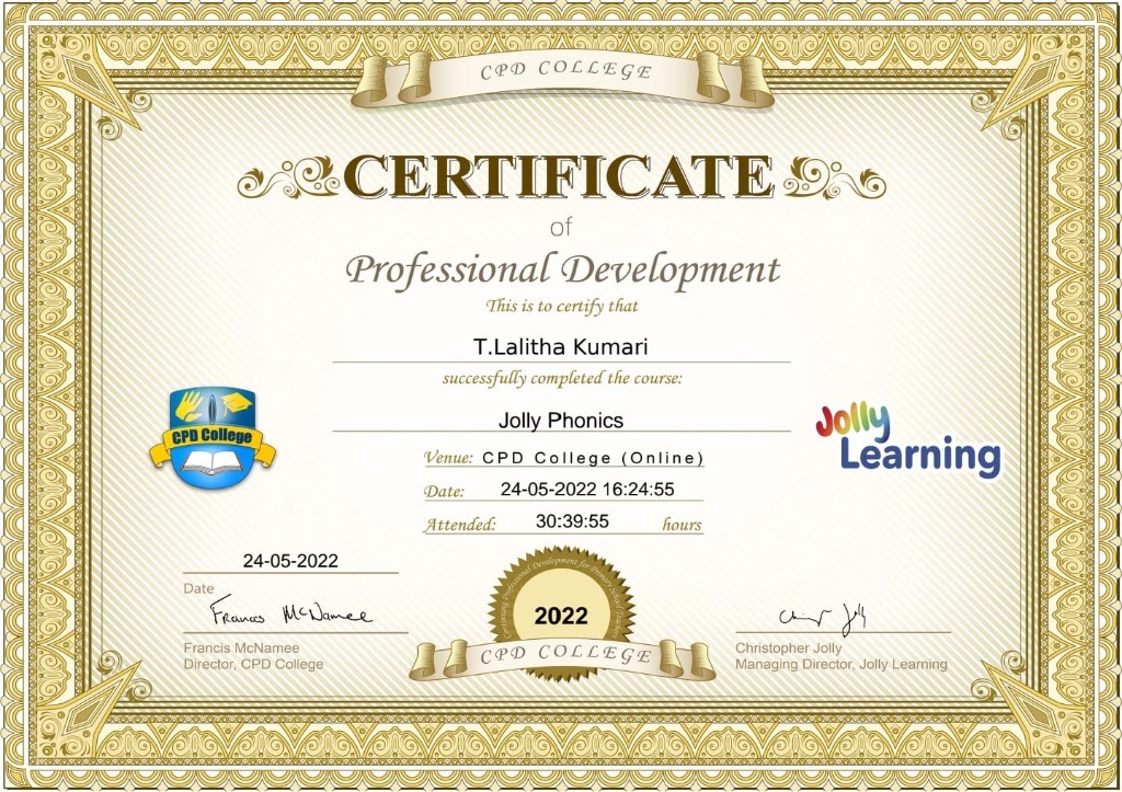 CPD College Jolly Phonics Certificate - T.Lalitha Kumari